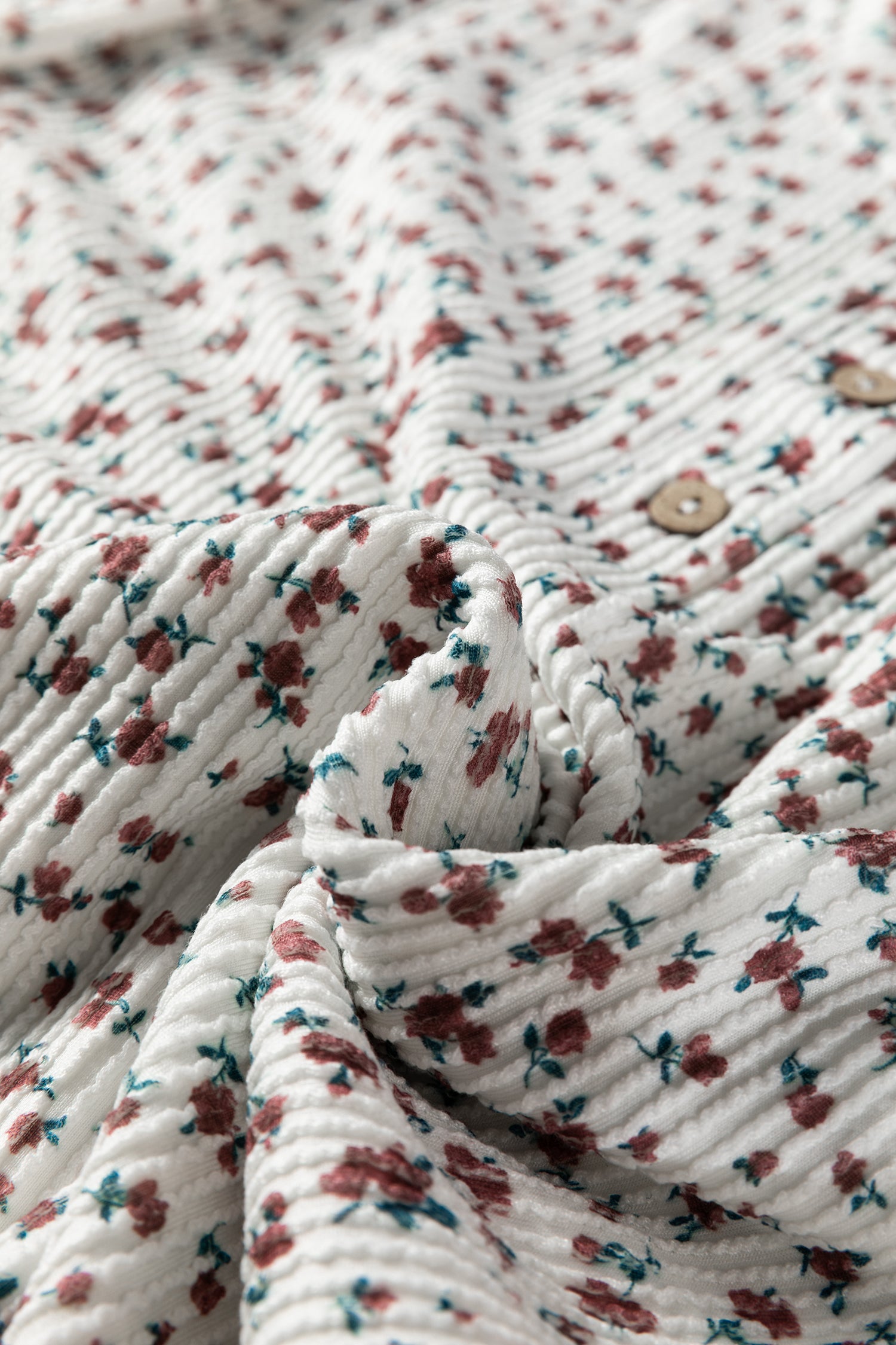 White Spiral Ribbed Floral Print Long Sleeve Henley Top Drawstring Short Set-Two Piece Sets/Short Sets-[Adult]-[Female]-2022 Online Blue Zone Planet