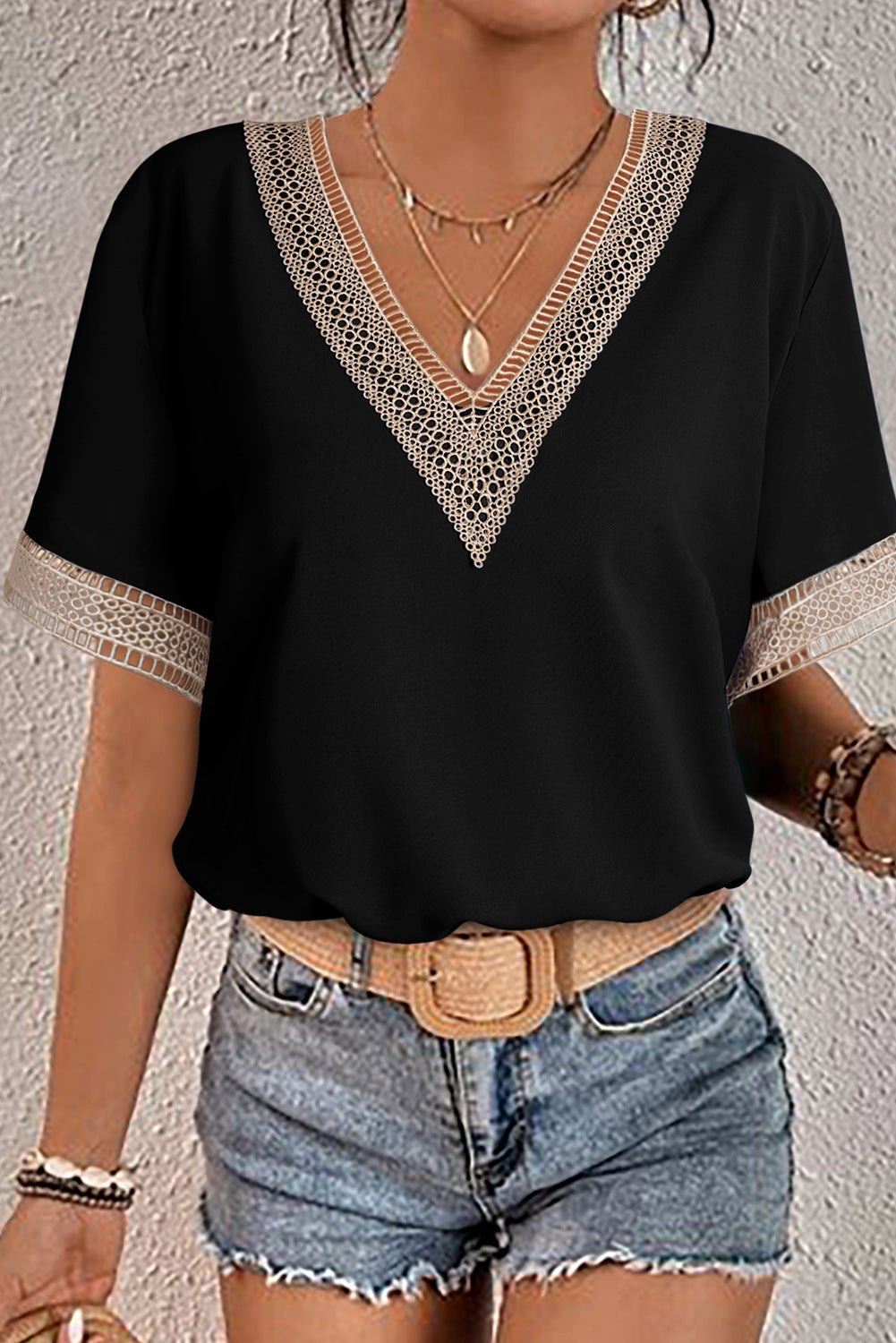 Blue Lace Trim V Neck Short Sleeve Blouse-Tops/Blouses & Shirts-[Adult]-[Female]-2022 Online Blue Zone Planet