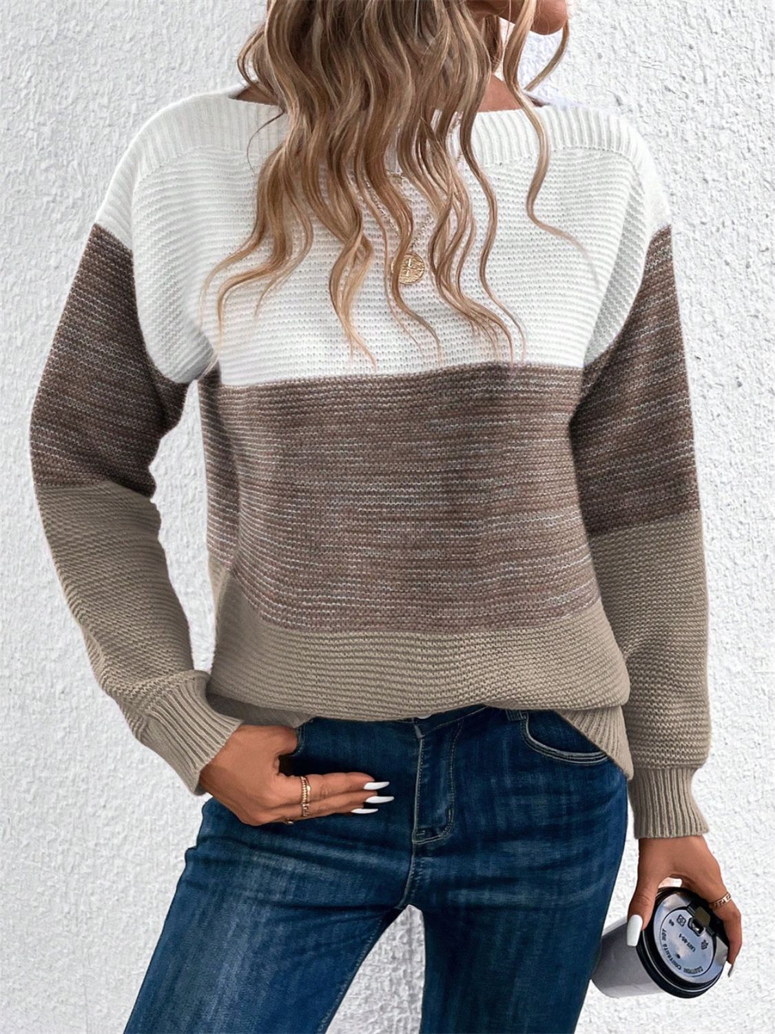 Blue Zone Planet | Color Block Drop Shoulder Long Sleeve Sweater-TOPS / DRESSES-[Adult]-[Female]-Taupe-S-2022 Online Blue Zone Planet