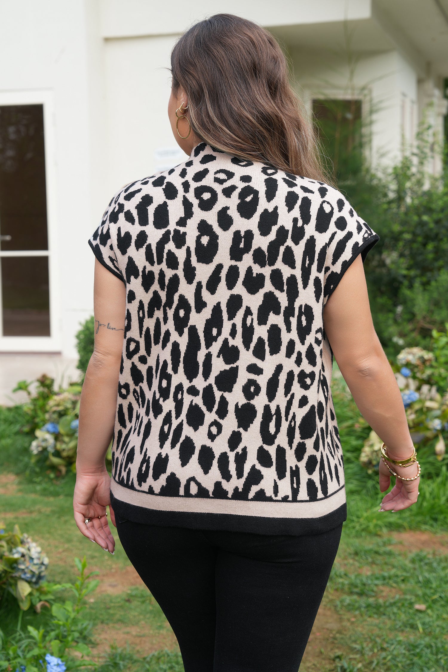 Black Plus Size Leopard Print High Neck Short Sleeve Sweater-TOPS / DRESSES-[Adult]-[Female]-2022 Online Blue Zone Planet