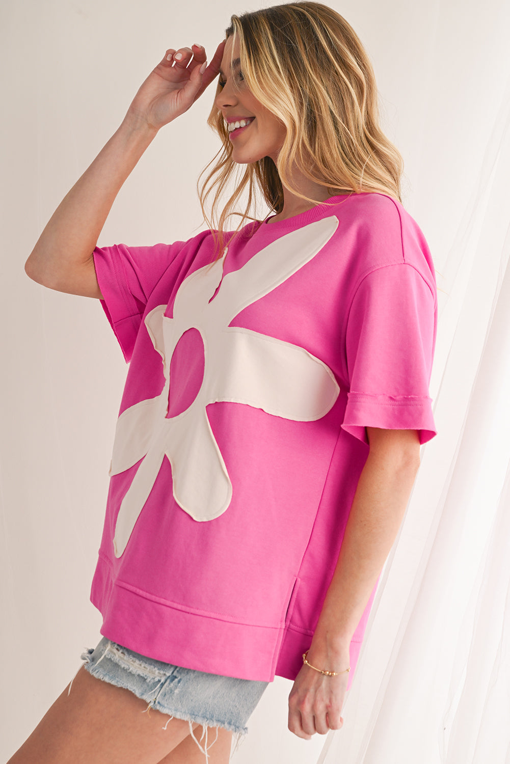 Sachet Pink 60s Flower Applique Slits T-Shirt-T Shirts-[Adult]-[Female]-2022 Online Blue Zone Planet