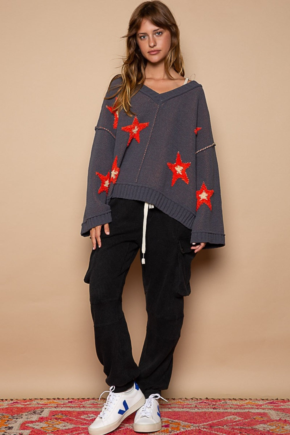 Blue Zone Planet | POL Long Sleeve Star Patch Sweater-TOPS / DRESSES-[Adult]-[Female]-2022 Online Blue Zone Planet