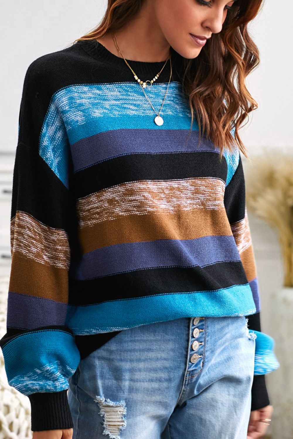 Contrast Striped Round Neck Drop Shoulder Sweater-TOPS / DRESSES-[Adult]-[Female]-2022 Online Blue Zone Planet