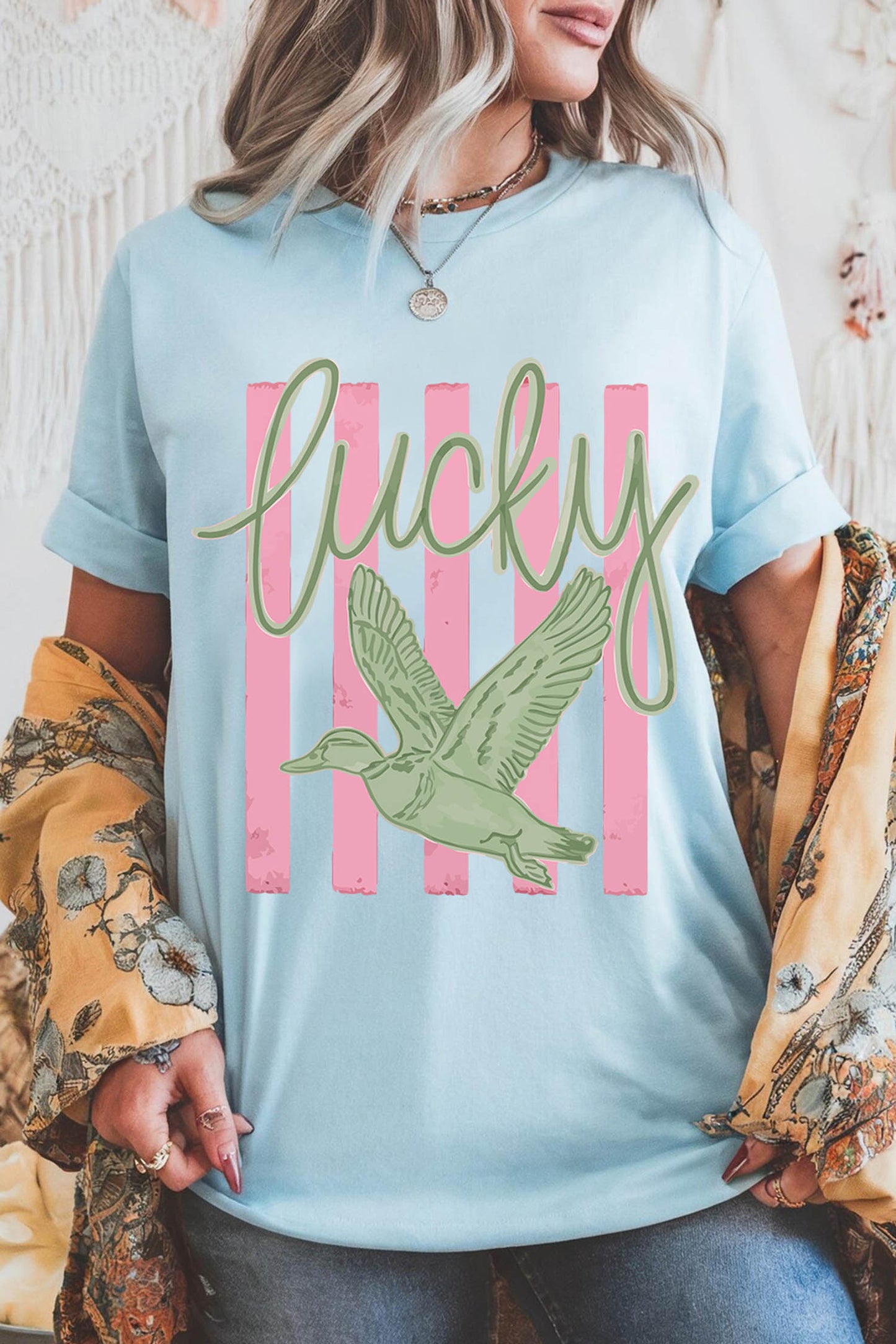 Light Blue Lucky Duck Print Casual Round Neck T Shirt-Graphic/Graphic Tees-[Adult]-[Female]-2022 Online Blue Zone Planet
