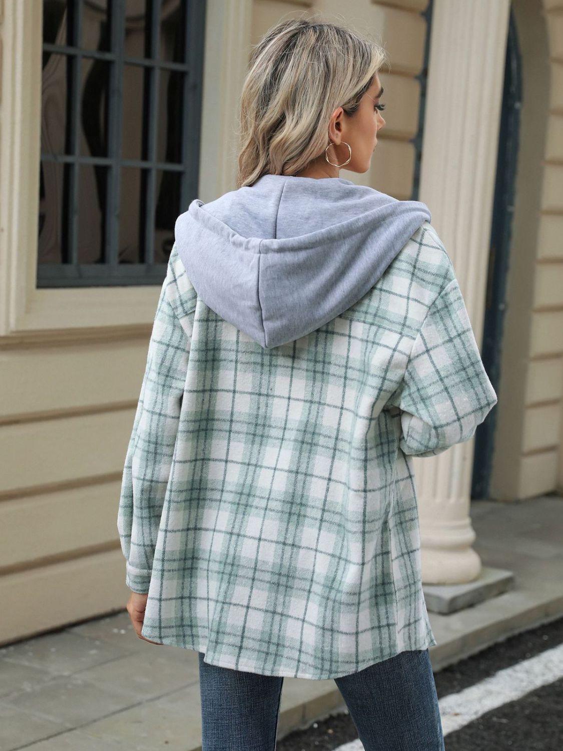 Drawstring Plaid Button Up Hooded Jacket-TOPS / DRESSES-[Adult]-[Female]-2022 Online Blue Zone Planet