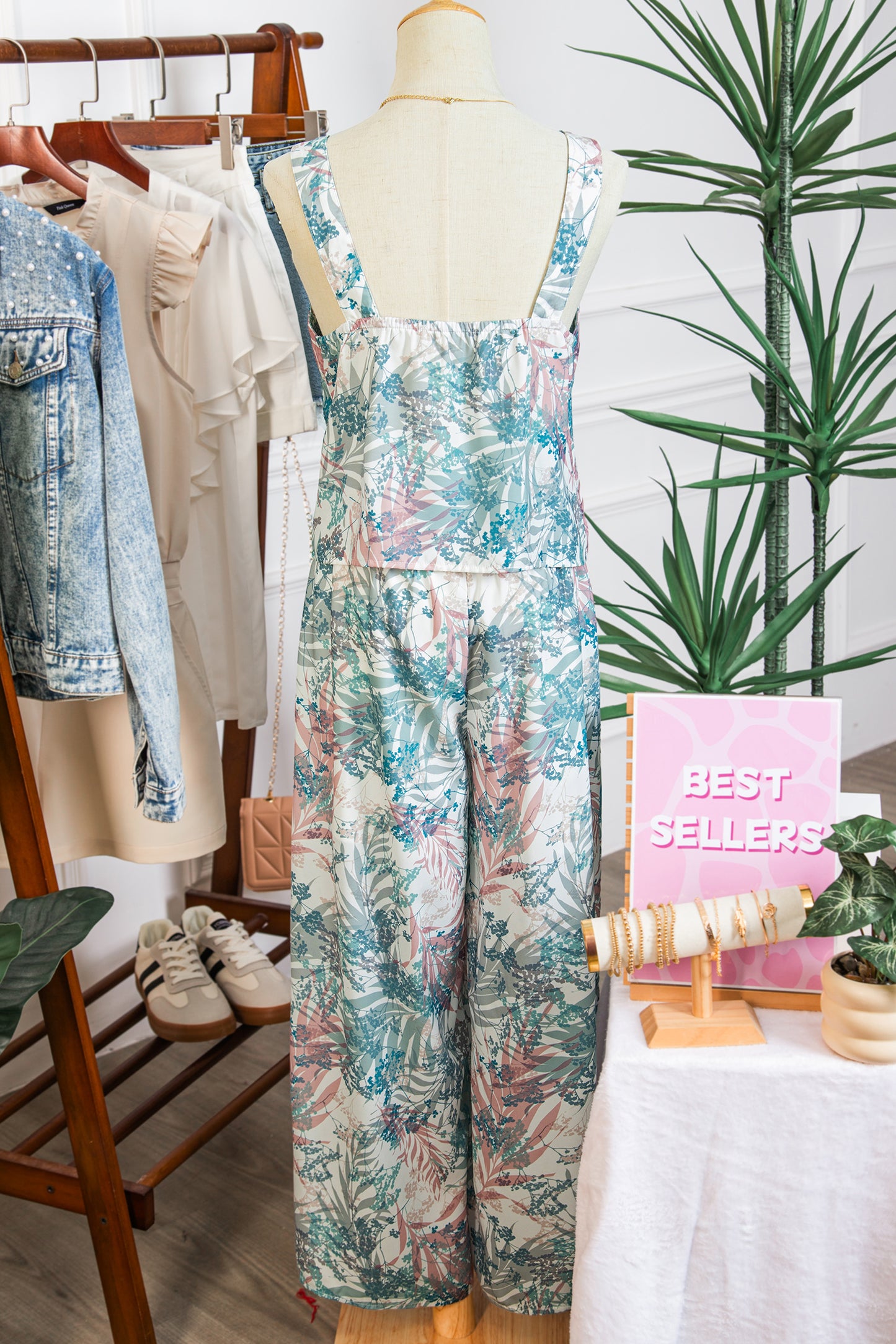 Green Tropical Palm Printed Cropped Tank Drawstring Wide Leg Pant Set-Two Piece Sets/Pant Sets-[Adult]-[Female]-2022 Online Blue Zone Planet