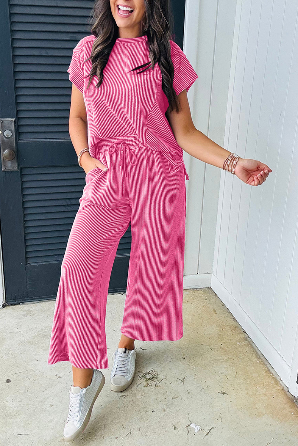 Wild Wind Solid Corded Knit Short Sleeve T Shirt and Wide Leg Pants Set-Two Piece Sets/Pant Sets-[Adult]-[Female]-Bright Pink-S-2022 Online Blue Zone Planet