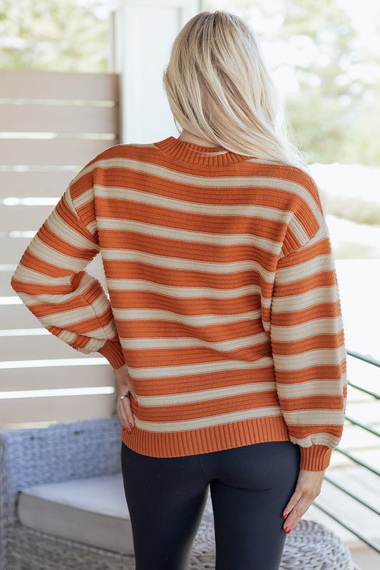 Orange Stripe Ribbed Trim Drop Shoulder Sweater-TOPS / DRESSES-[Adult]-[Female]-2022 Online Blue Zone Planet