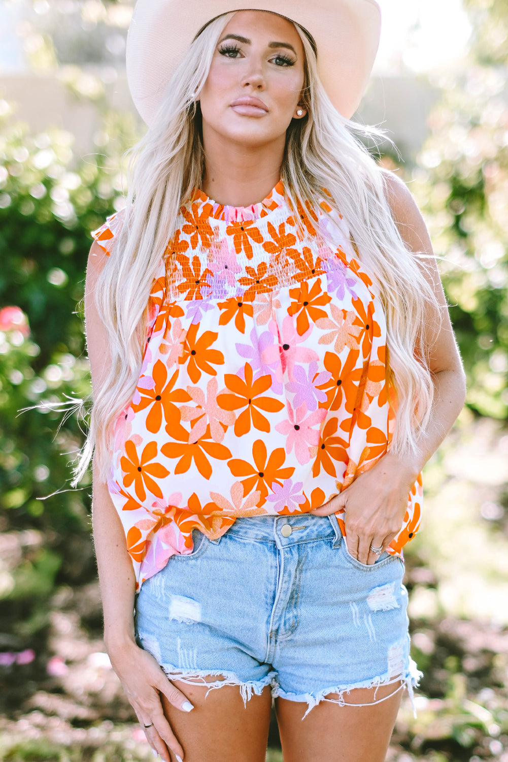 Orange Ruffled Sleeve Smocked Floral Top-Tops/Blouses & Shirts-[Adult]-[Female]-2022 Online Blue Zone Planet