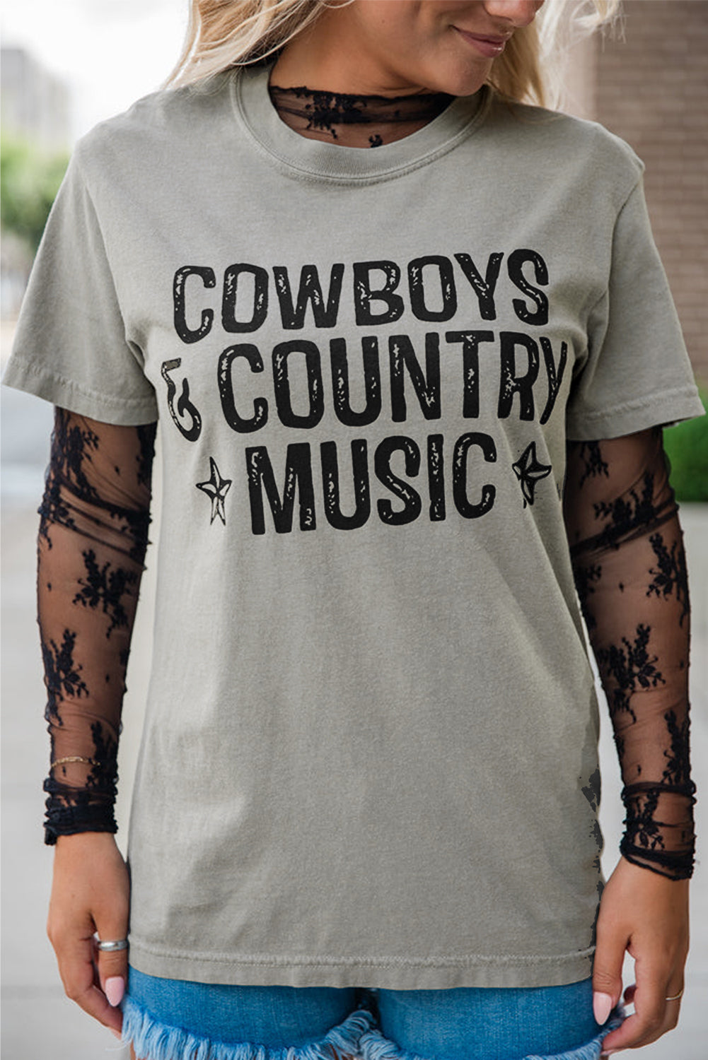 High Cowboys & Country Music Graphic Crew Neck T Shirt-Graphic/Graphic Tees-[Adult]-[Female]-2022 Online Blue Zone Planet