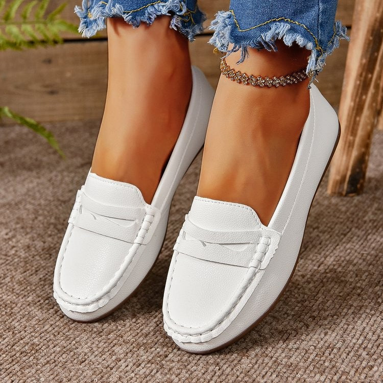 PU Leather Round Toe Flat Slip-Ons-SHOES-[Adult]-[Female]-White-36(US5)-2022 Online Blue Zone Planet