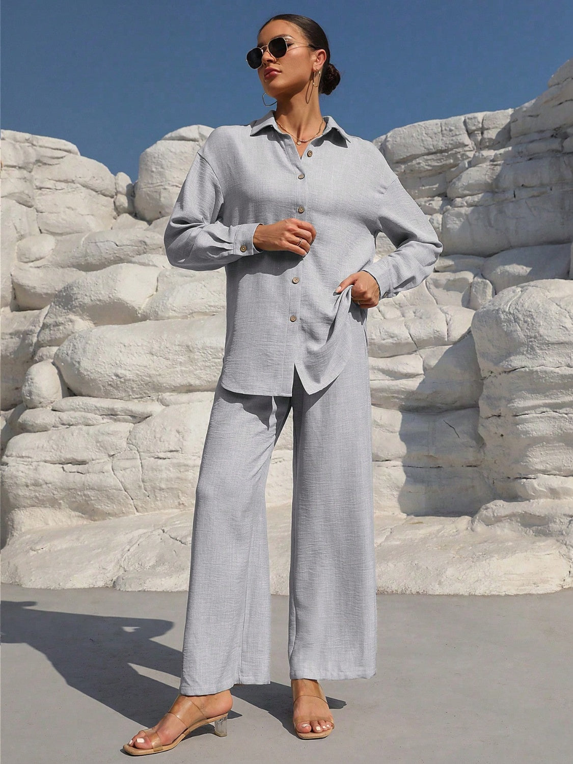 Honey Button Up Long Sleeve Top and Pants Set-TOPS / DRESSES-[Adult]-[Female]-Light Gray-S-2022 Online Blue Zone Planet