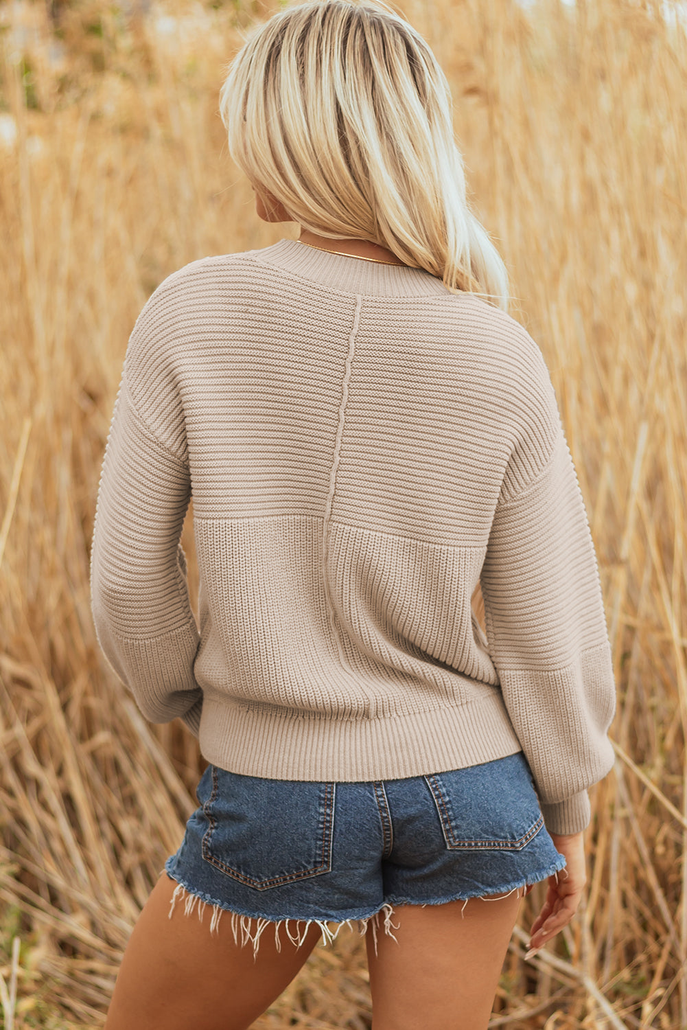 Parchment Mixed Texture Patchwork Knitted Puff Sleeve Sweater-TOPS / DRESSES-[Adult]-[Female]-2022 Online Blue Zone Planet