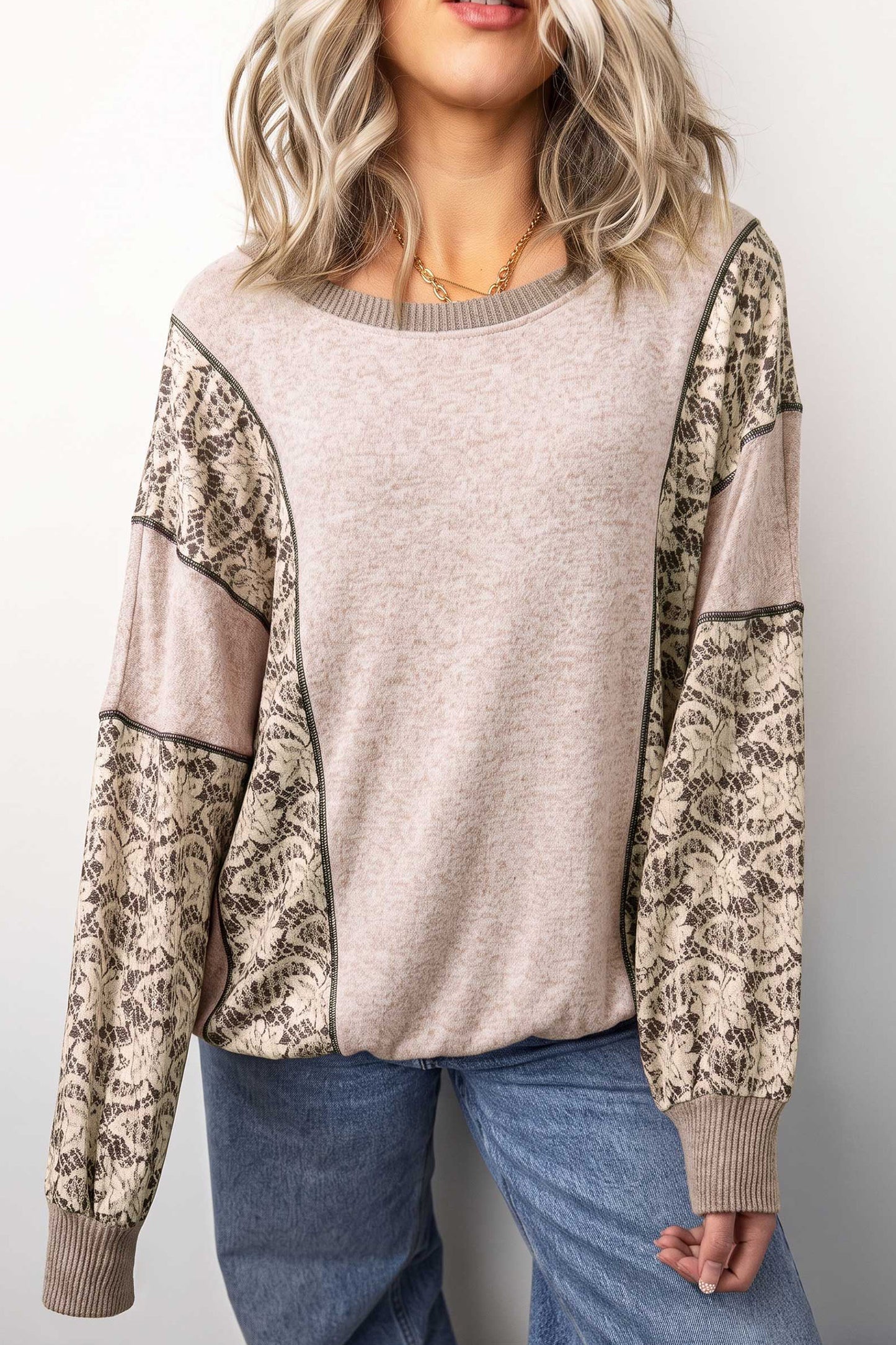 Khaki Floral Print Round Neck Long Sleeve Shift Top-Tops/Long Sleeve Tops-[Adult]-[Female]-2022 Online Blue Zone Planet