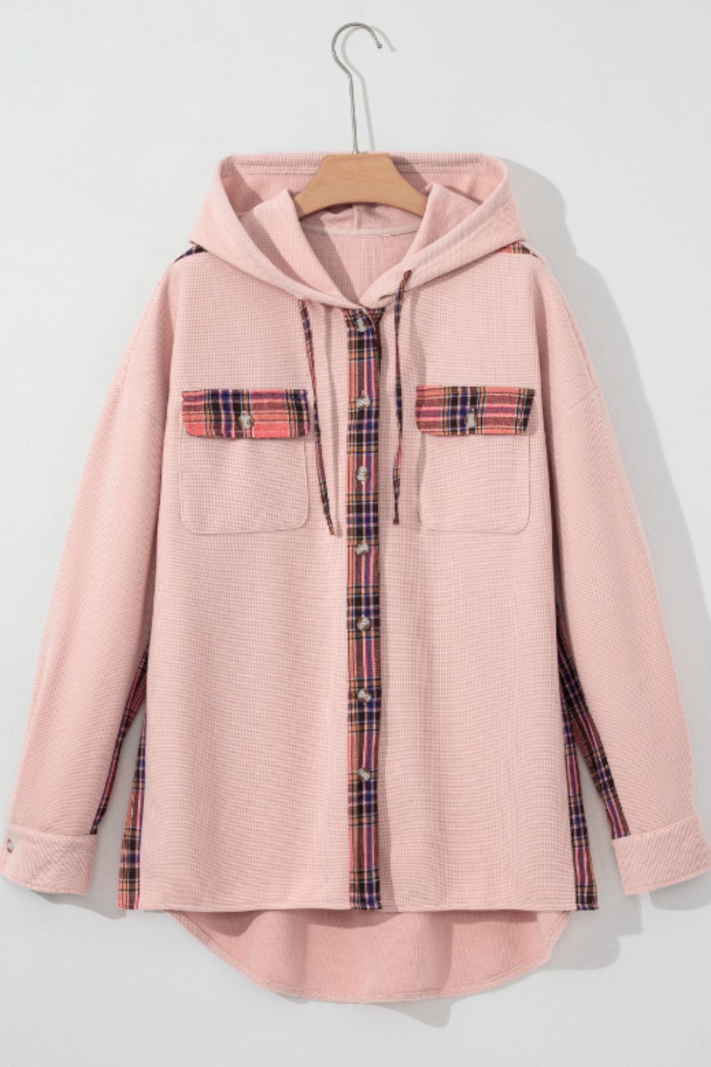 Waffle Knit Plaid Patchwork Drawstring Hooded Shacket-TOPS / DRESSES-[Adult]-[Female]-2022 Online Blue Zone Planet