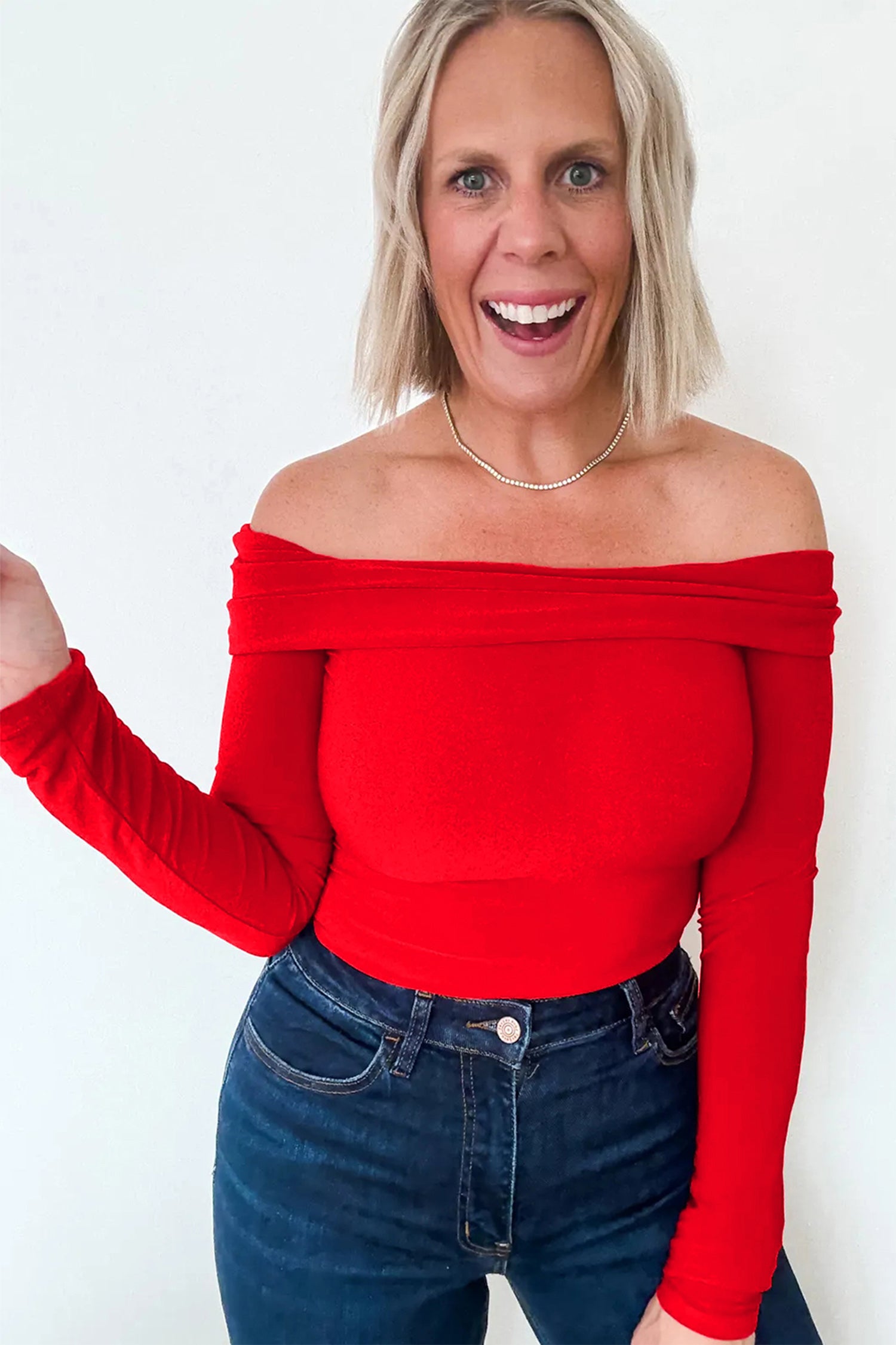 Fiery Red Foldover Off Shoulder Long Sleeve Slim Top-Tops/Long Sleeve Tops-[Adult]-[Female]-2022 Online Blue Zone Planet