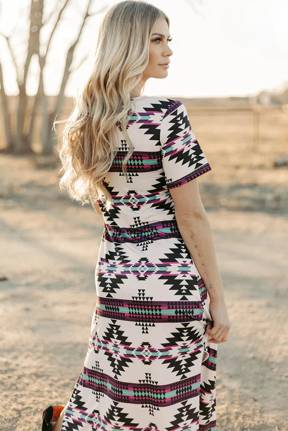 Beige Western Aztec Printed Long T-shirt Dress-Dresses/T Shirt Dresses-[Adult]-[Female]-2022 Online Blue Zone Planet