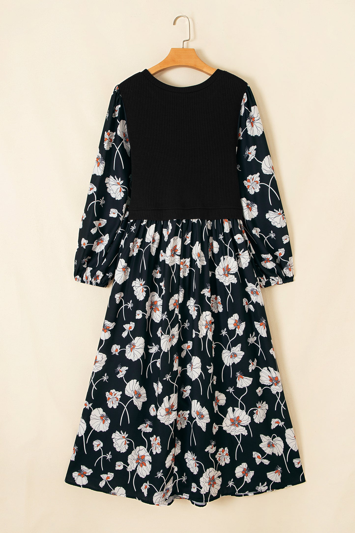 Black Floral Print Long Sleeve Round Neck Shift Plus Size Dress-TOPS / DRESSES-[Adult]-[Female]-2022 Online Blue Zone Planet