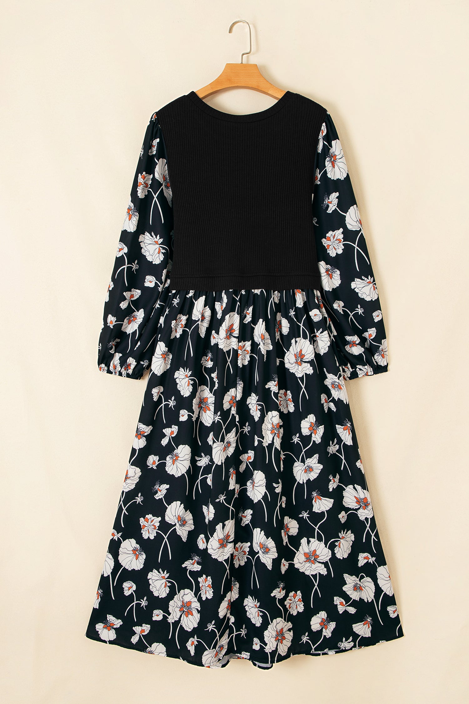 Black Floral Print Long Sleeve Round Neck Shift Plus Size Dress-TOPS / DRESSES-[Adult]-[Female]-2022 Online Blue Zone Planet