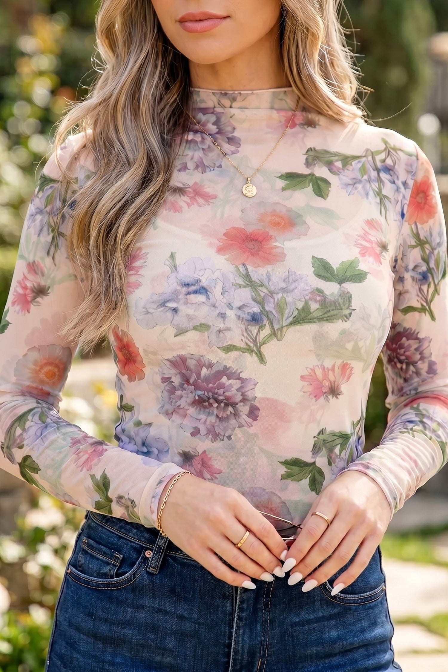 Apricot Floral Print Mock Neck Thumbhole Long Sleeve Top-Tops/Long Sleeve Tops-[Adult]-[Female]-Apricot-S-2022 Online Blue Zone Planet