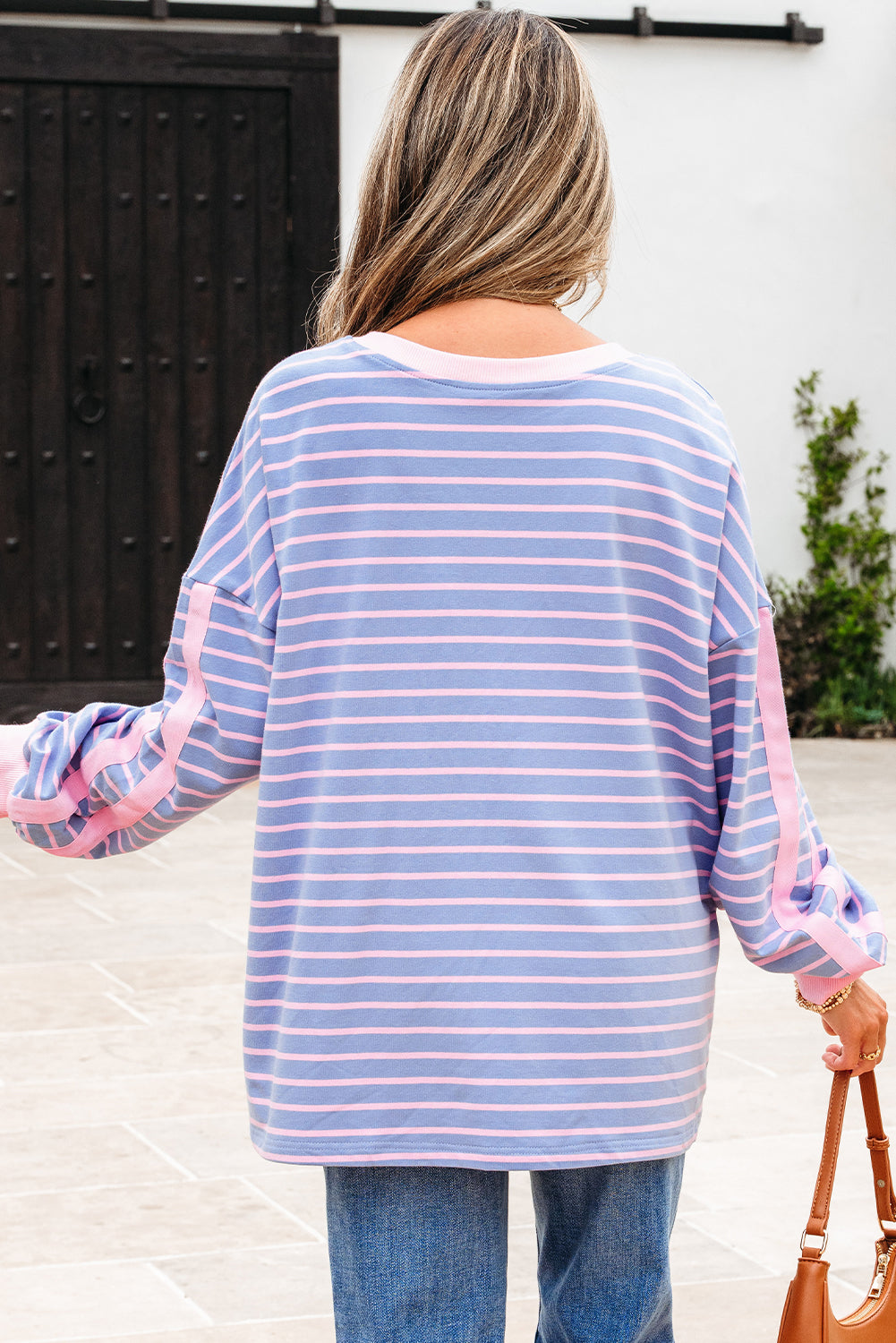 Sky Blue Stripe Oversize Contrast Trim Drop Shoulder Casual Top-Tops/Long Sleeve Tops-[Adult]-[Female]-2022 Online Blue Zone Planet