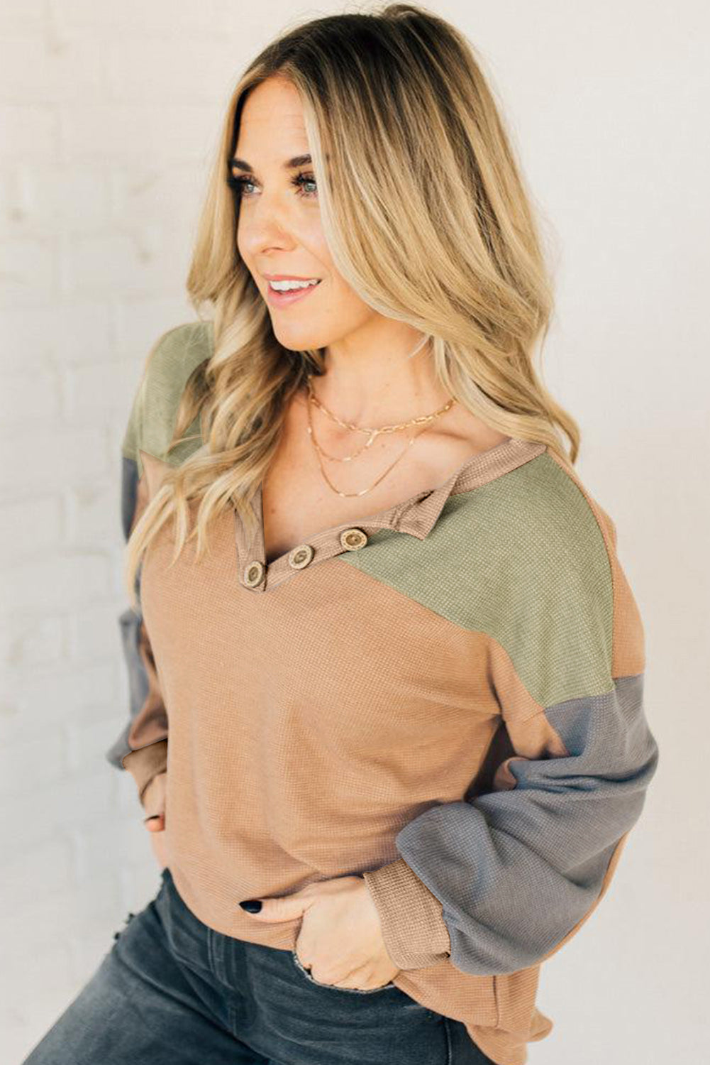 Buckskin Color Block Thermal Textured Knit Drop Shoulder Henley Top-Tops/Long Sleeve Tops-[Adult]-[Female]-2022 Online Blue Zone Planet