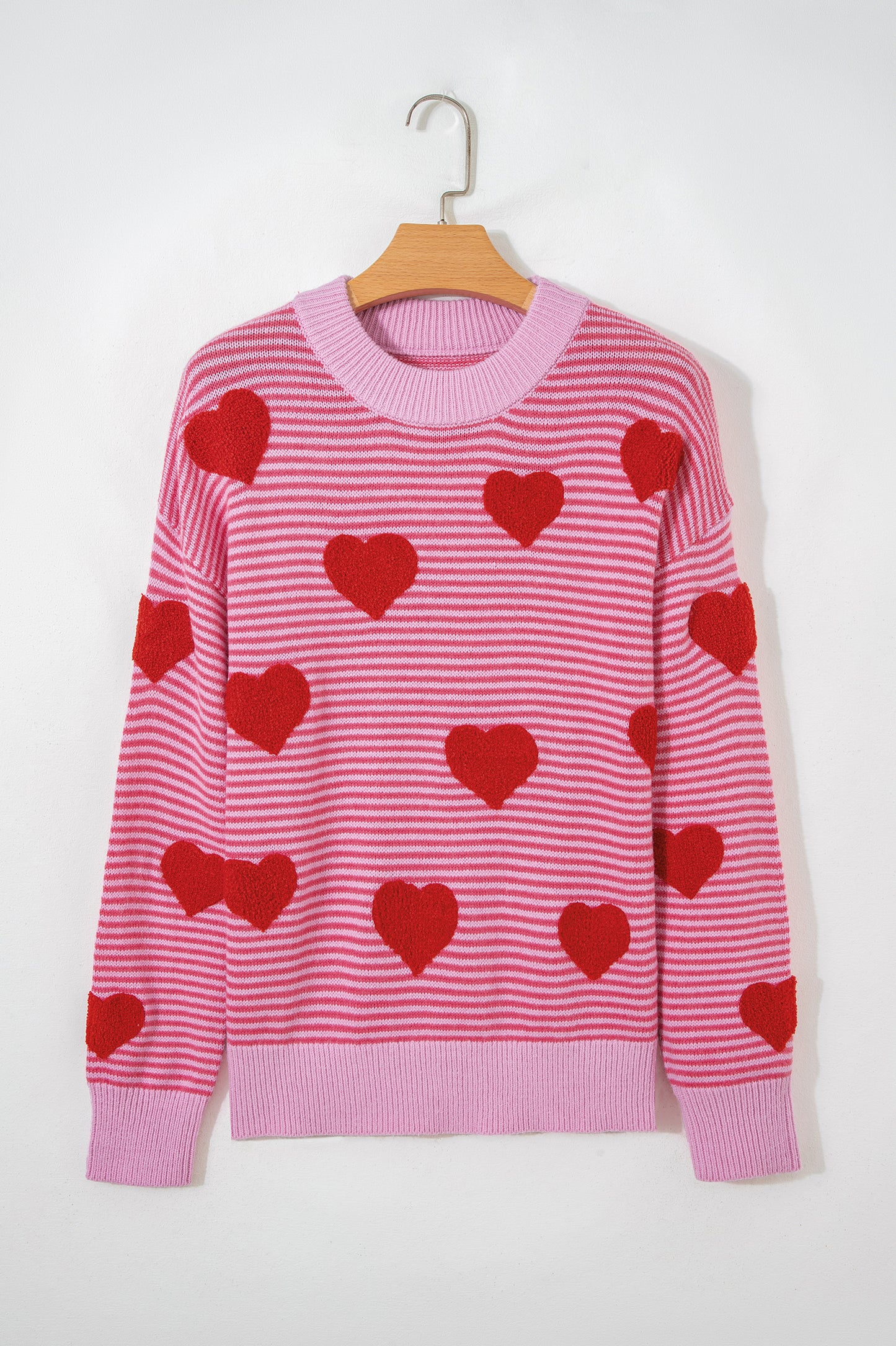 Rose Stripe Contrast Heart Pattern Valentine Knit Sweater-TOPS / DRESSES-[Adult]-[Female]-2022 Online Blue Zone Planet