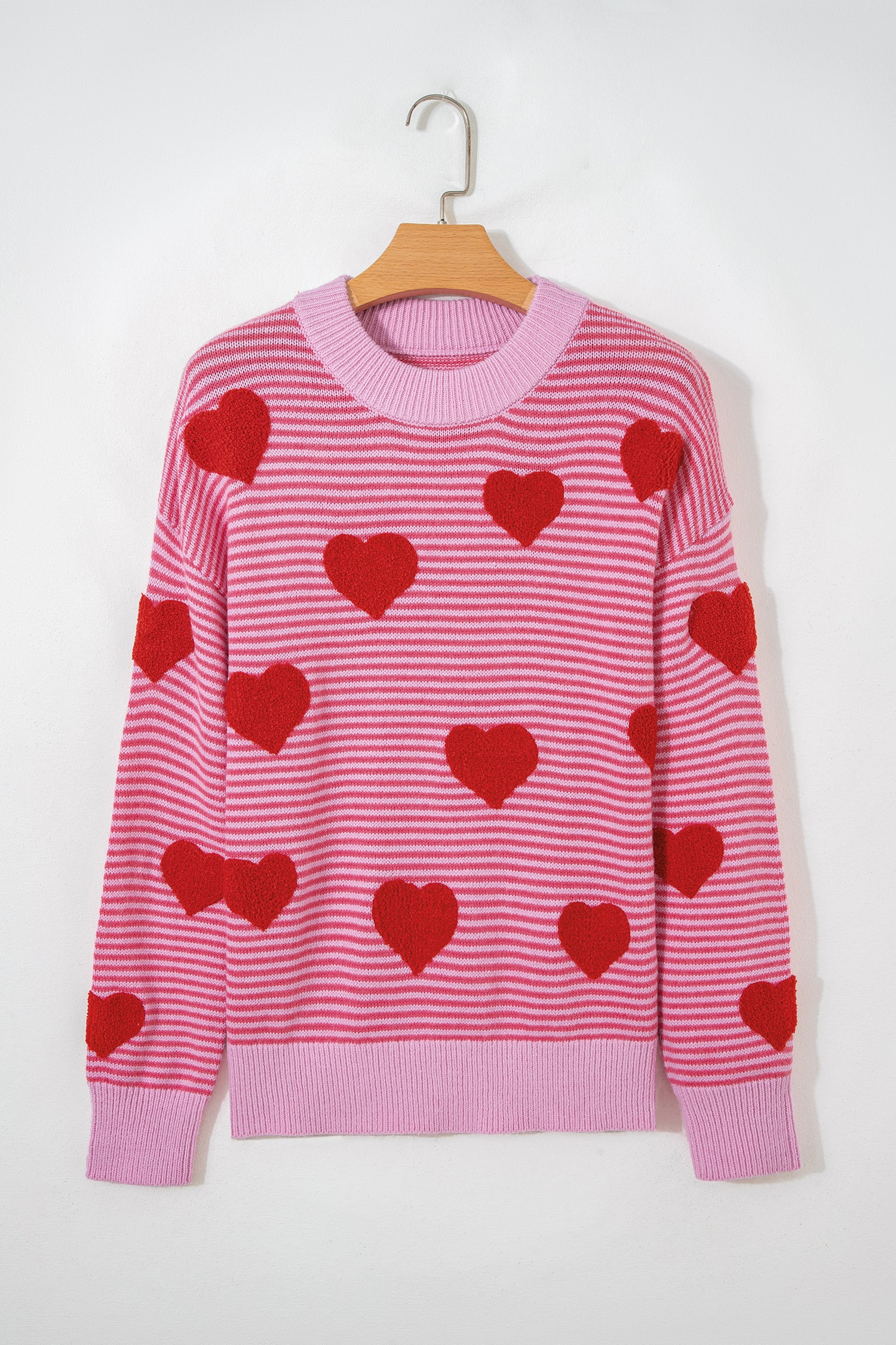 Rose Stripe Contrast Heart Pattern Valentine Knit Sweater-TOPS / DRESSES-[Adult]-[Female]-2022 Online Blue Zone Planet