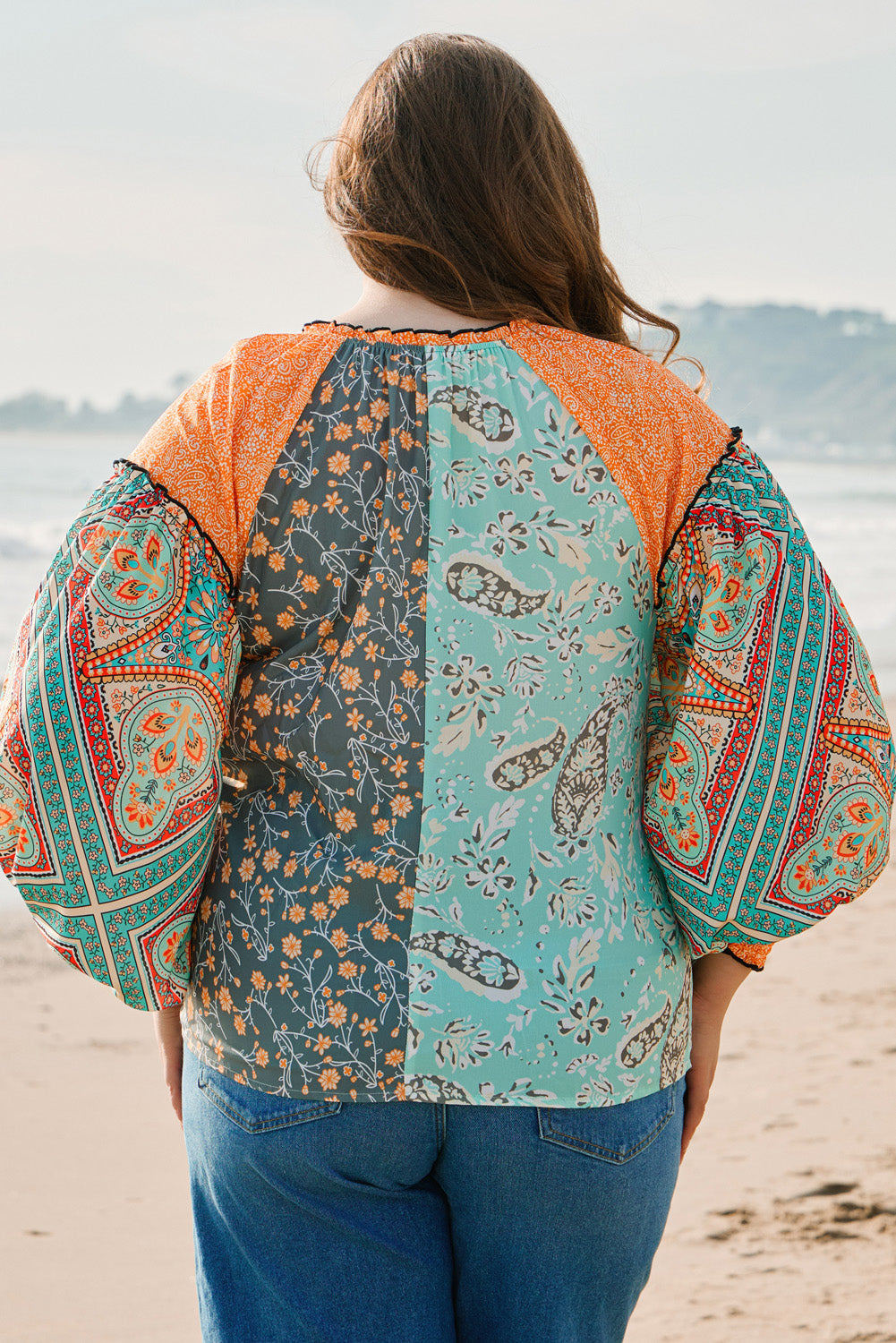 Blue Zone Planet | Green Floral Patchwork Lantern Sleeve Buttoned V Neck Plus Size Blouse-Plus Size/Plus Size Tops/Plus Size Blouses & Shirts-[Adult]-[Female]-2022 Online Blue Zone Planet
