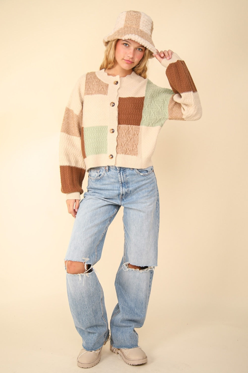 VERY J Color Block Button Down Textured Sweater Cardigan-TOPS / DRESSES-[Adult]-[Female]-2022 Online Blue Zone Planet