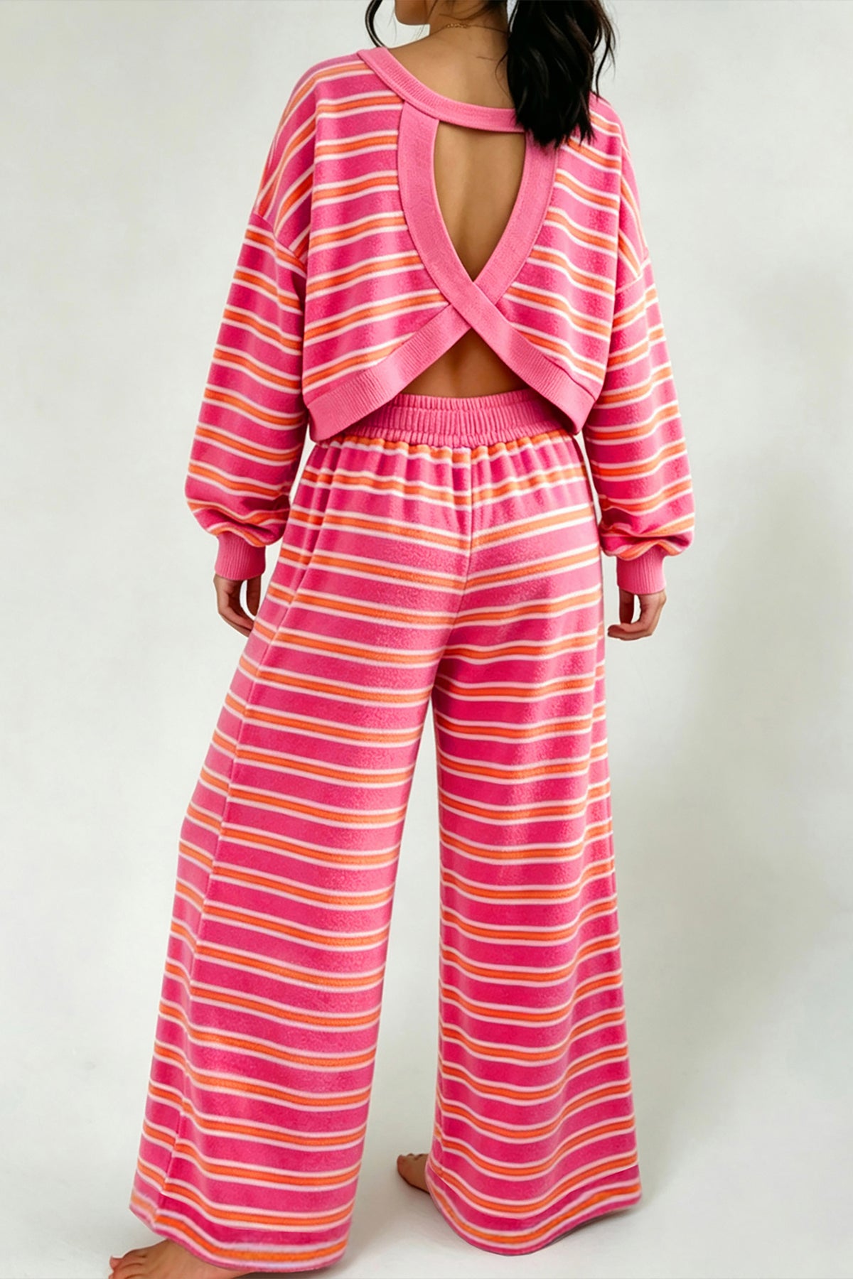 Brown Stripe Back Cutout Long Sleeve Top and Wide Leg Pants 2pcs Set-Two Piece Sets/Pant Sets-[Adult]-[Female]-Rose Stripe-S-2022 Online Blue Zone Planet