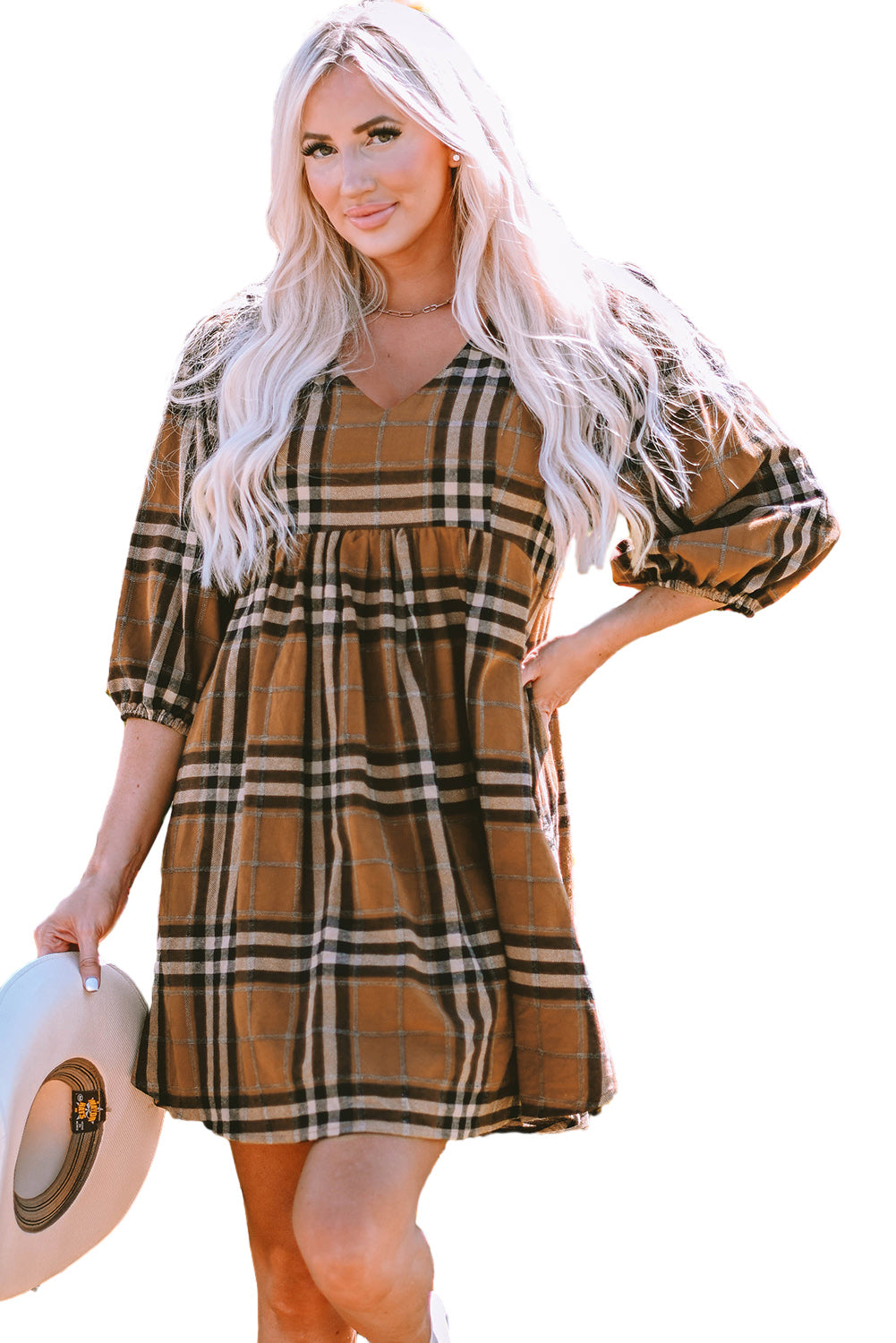 Blue Zone Planet | Brown Plaid Pattern Empire Waist Babydoll Dress-TOPS / DRESSES-[Adult]-[Female]-2022 Online Blue Zone Planet