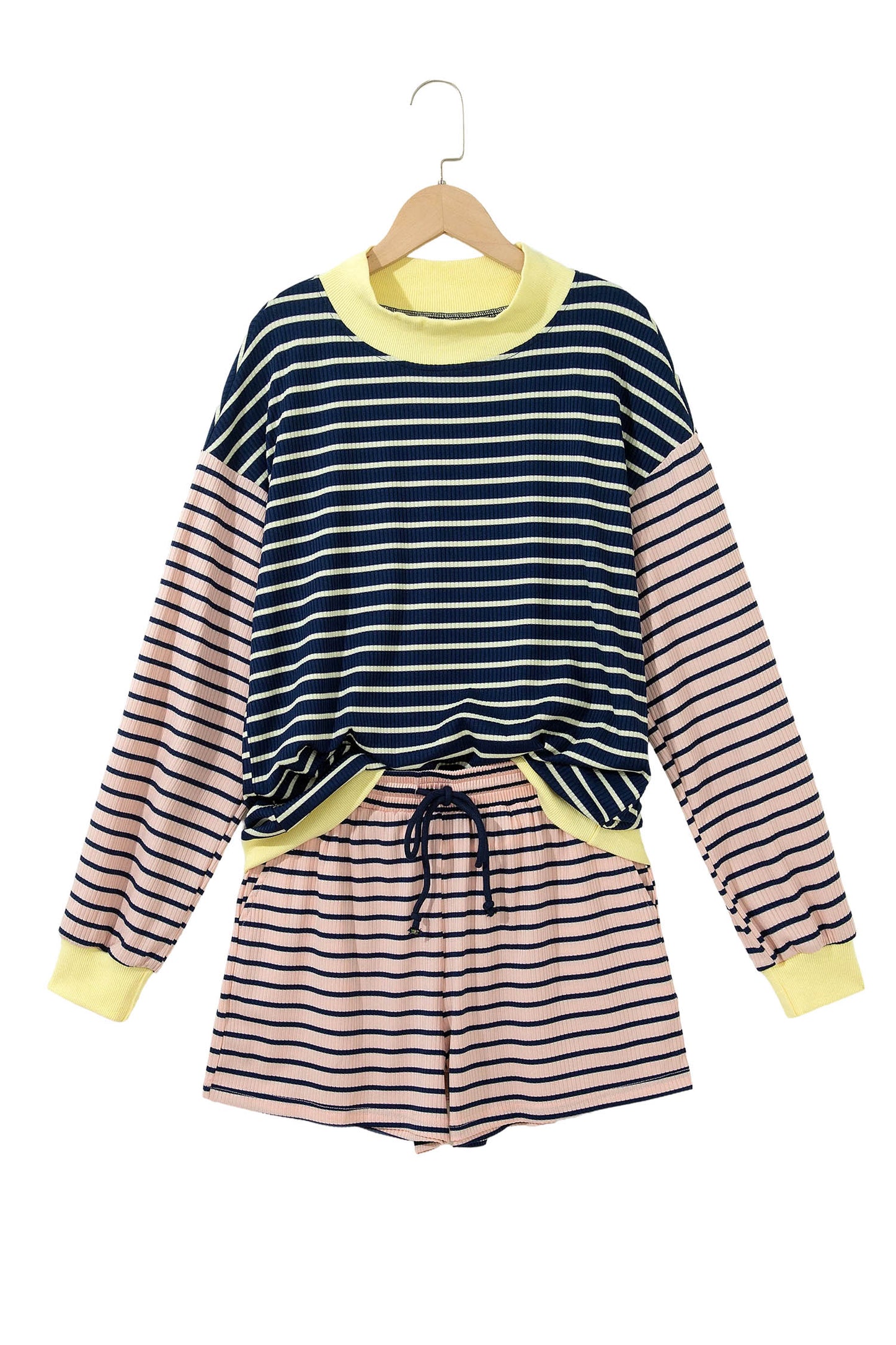 Blue Stripe Color Block Long Sleeve Pullover Ribbed Knit Casual Shorts Set-Two Piece Sets/Short Sets-[Adult]-[Female]-2022 Online Blue Zone Planet