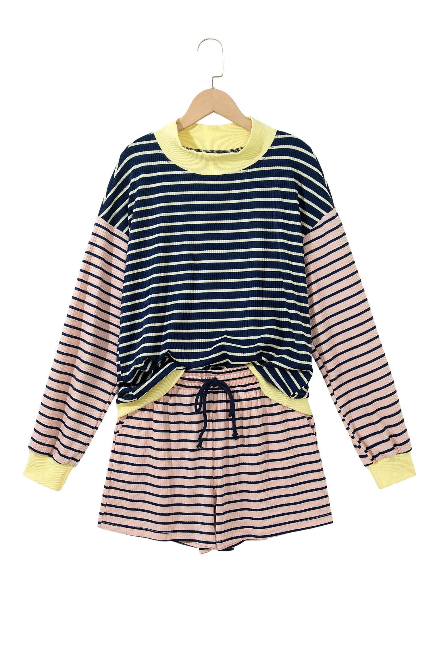 Blue Stripe Color Block Long Sleeve Pullover Ribbed Knit Casual Shorts Set-Two Piece Sets/Short Sets-[Adult]-[Female]-2022 Online Blue Zone Planet