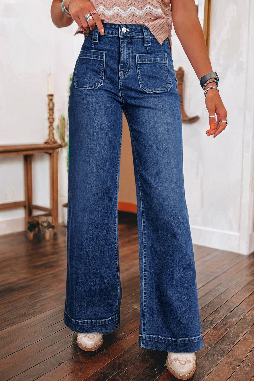 Blue Zone Planet | Sail Blue Wide Leg Pocketed High Waist Jeans-Bottoms/Jeans-[Adult]-[Female]-2022 Online Blue Zone Planet