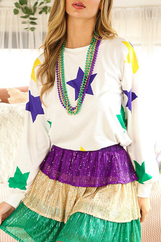 White Mardi Gras Star Printed Long Sleeve Top-Tops/Long Sleeve Tops-[Adult]-[Female]-White-S-2022 Online Blue Zone Planet