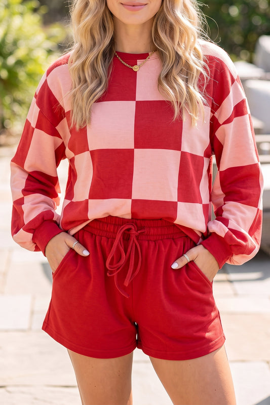 Khaki Checkerboard Plaid Long Sleeve Solid Color Shorts 2pcs Set-Two Piece Sets/Short Sets-[Adult]-[Female]-Red-S-2022 Online Blue Zone Planet