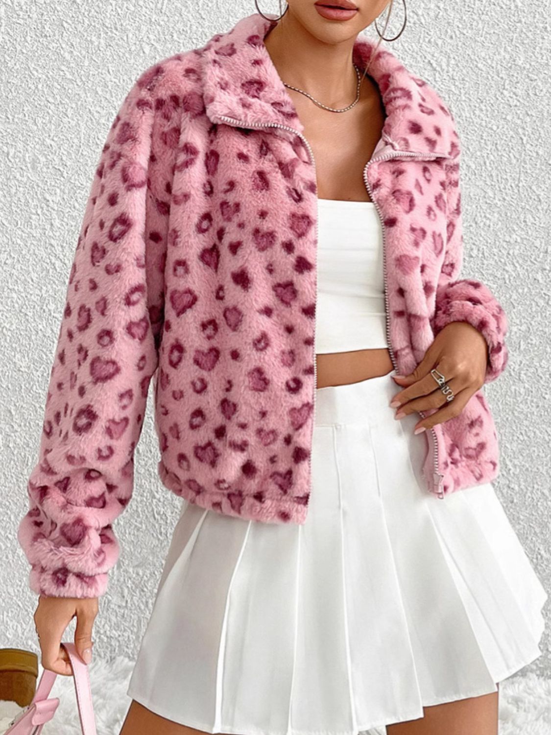 Blue Zone Planet | Leopard Zip Up Long Sleeve Furry Jacket-TOPS / DRESSES-[Adult]-[Female]-Blush Pink-S-2022 Online Blue Zone Planet