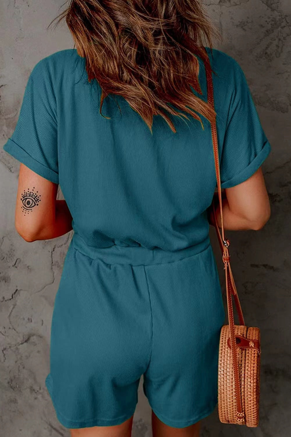 Full Size Drawstring V-Neck Short Sleeve Romper-TOPS / DRESSES-[Adult]-[Female]-2022 Online Blue Zone Planet