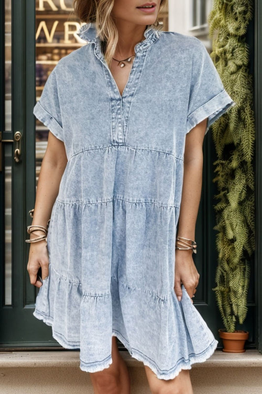 Raw Hem Notched Short Sleeve Denim Dress-TOPS / DRESSES-[Adult]-[Female]-Light-S-2022 Online Blue Zone Planet