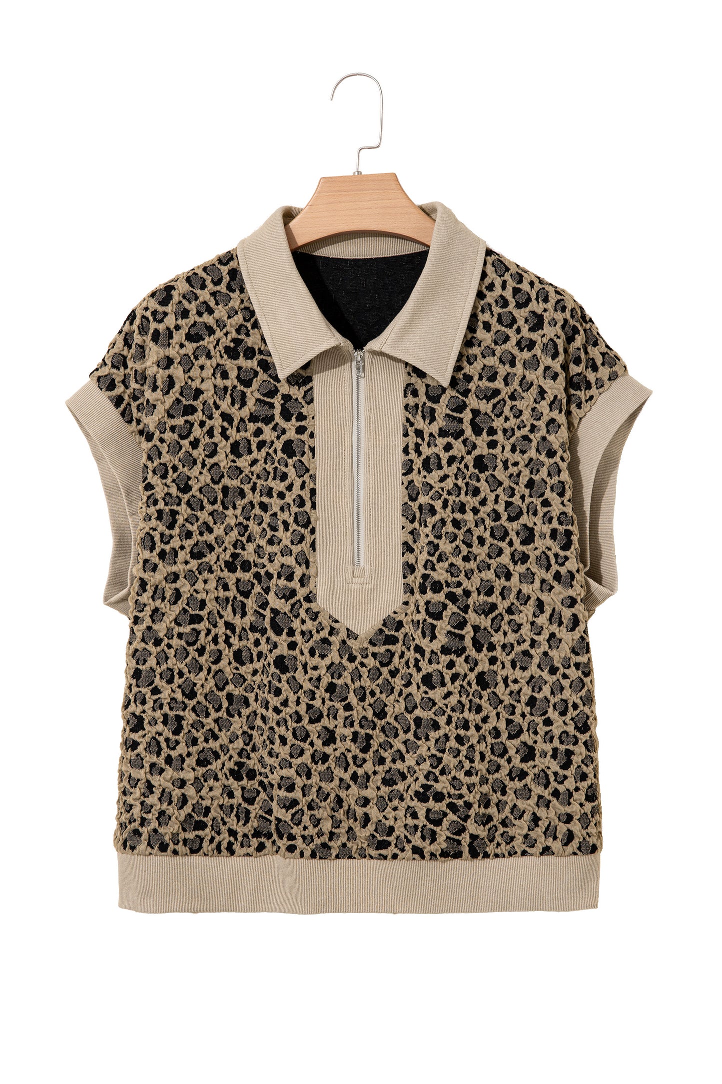 Beige Ribbed Patchwork Collar Cuffed Sleeve Leopard Plus Top-Plus Size/Plus Size Tops/Plus Size Tops & Tees-[Adult]-[Female]-2022 Online Blue Zone Planet