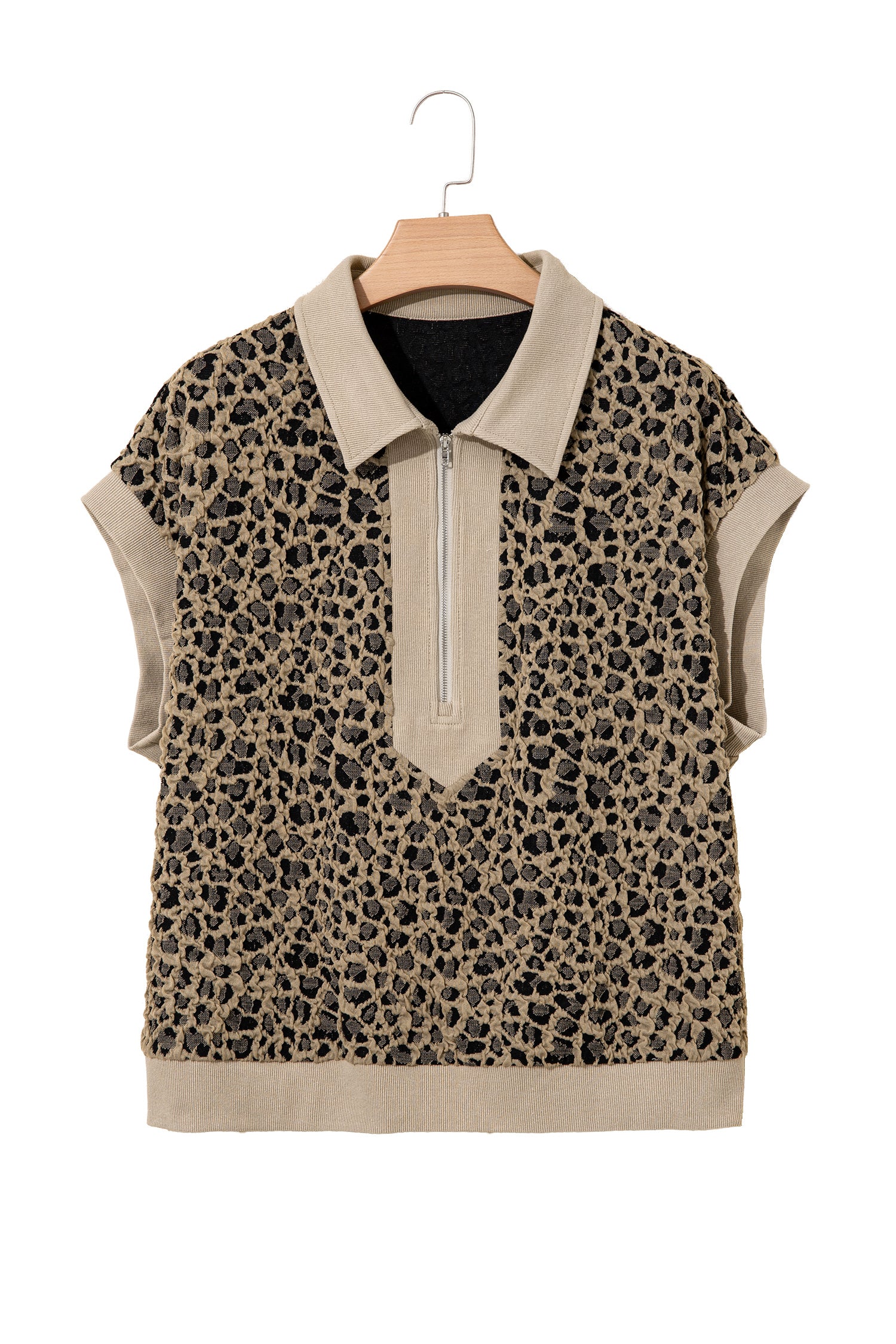 Beige Ribbed Patchwork Collar Cuffed Sleeve Leopard Plus Top-Plus Size/Plus Size Tops/Plus Size Tops & Tees-[Adult]-[Female]-2022 Online Blue Zone Planet