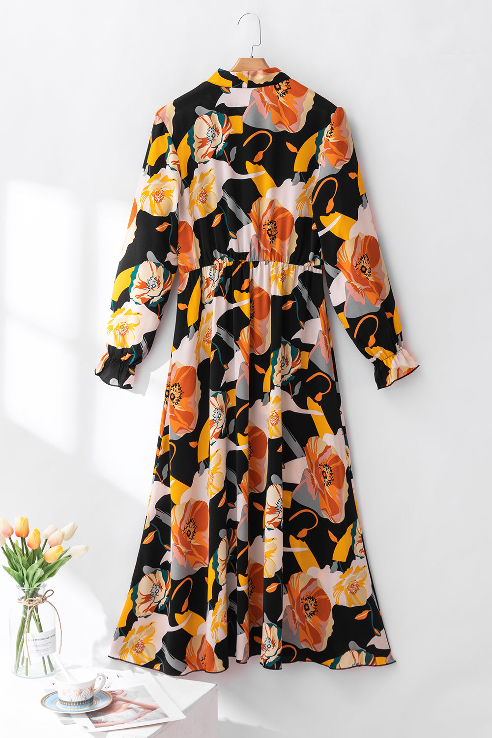 Blue Zone Planet | Orange Floral Print Tie Neck Long Sleeve Dress-TOPS / DRESSES-[Adult]-[Female]-2022 Online Blue Zone Planet