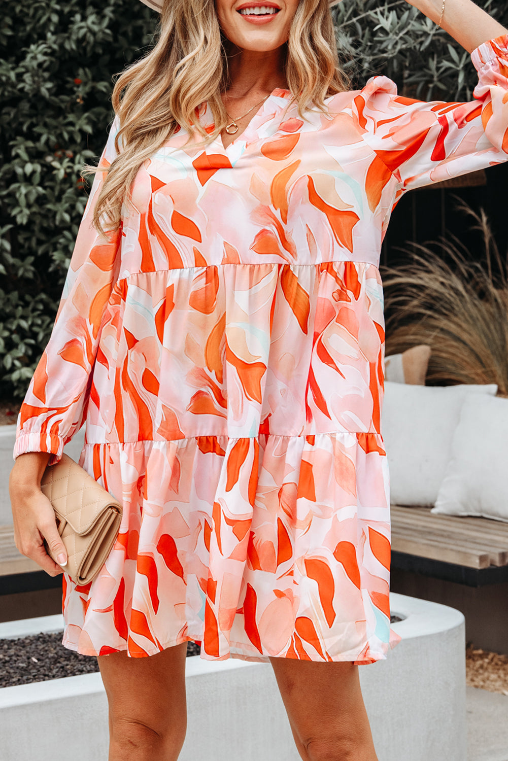 Orange Abstract Print Split Neck Long Sleeve Dress-TOPS / DRESSES-[Adult]-[Female]-2022 Online Blue Zone Planet