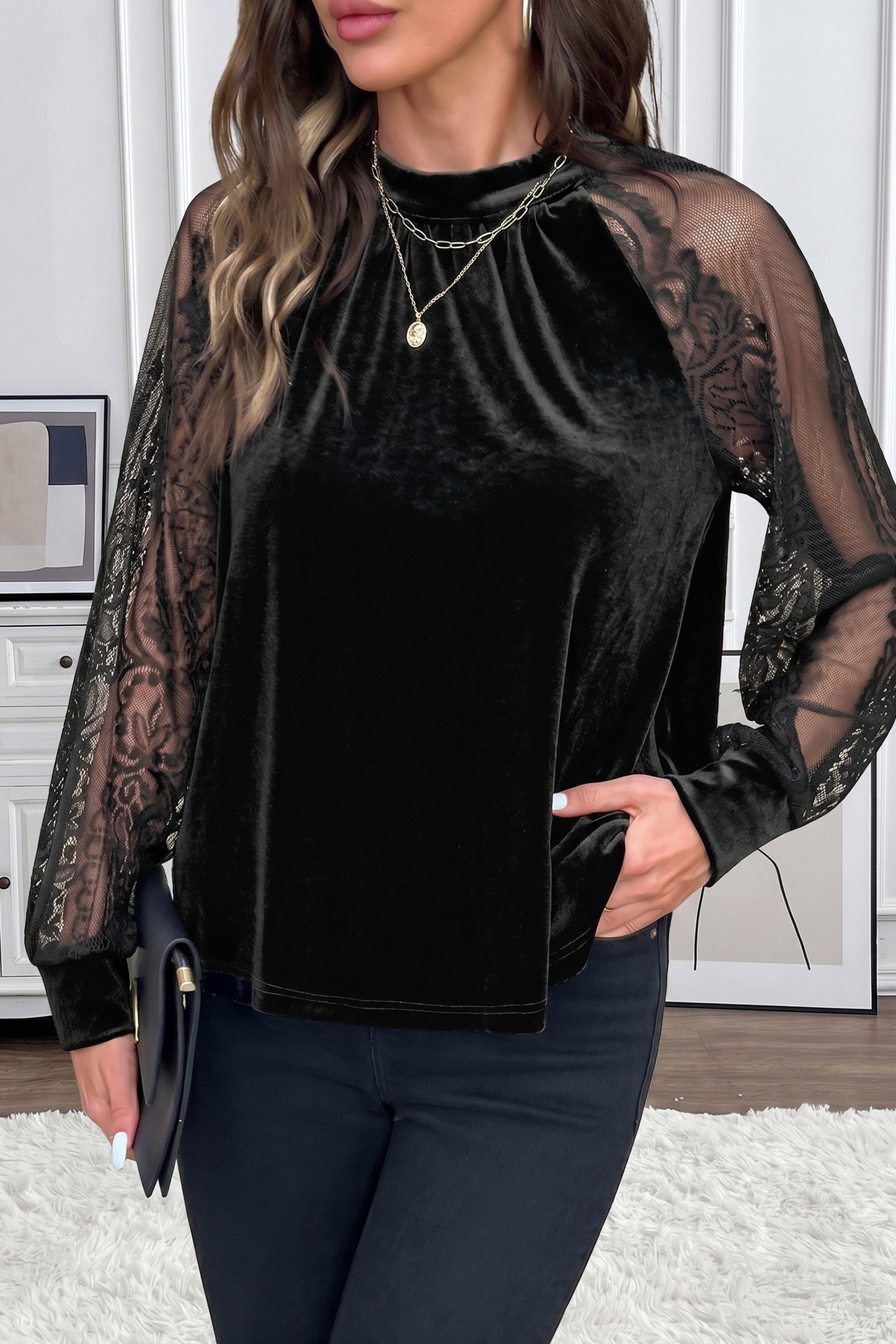 Color Black Solid Color Sheer Lace Long Sleeve Patchwork Stand Neck Velvet Blouse-Tops/Blouses & Shirts-[Adult]-[Female]-2022 Online Blue Zone Planet