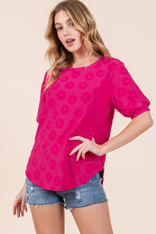 BOMBOM Textured Floral Pattern Top-TOPS / DRESSES-[Adult]-[Female]-Fuchsia-S-2022 Online Blue Zone Planet