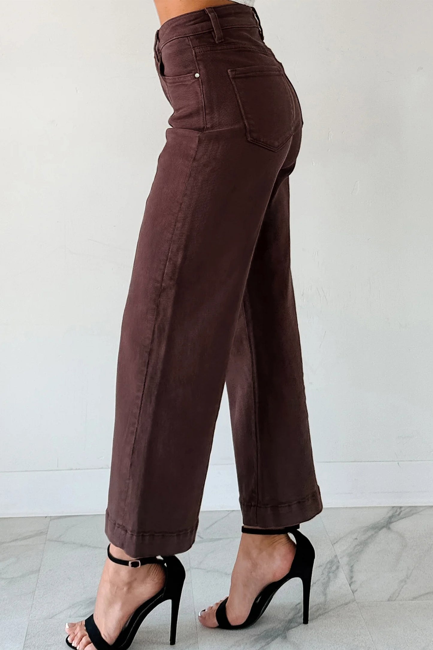 Red Sandalwood Solid Color Seamed Center Wide Leg Cropped Jeans-Bottoms/Jeans-[Adult]-[Female]-2022 Online Blue Zone Planet