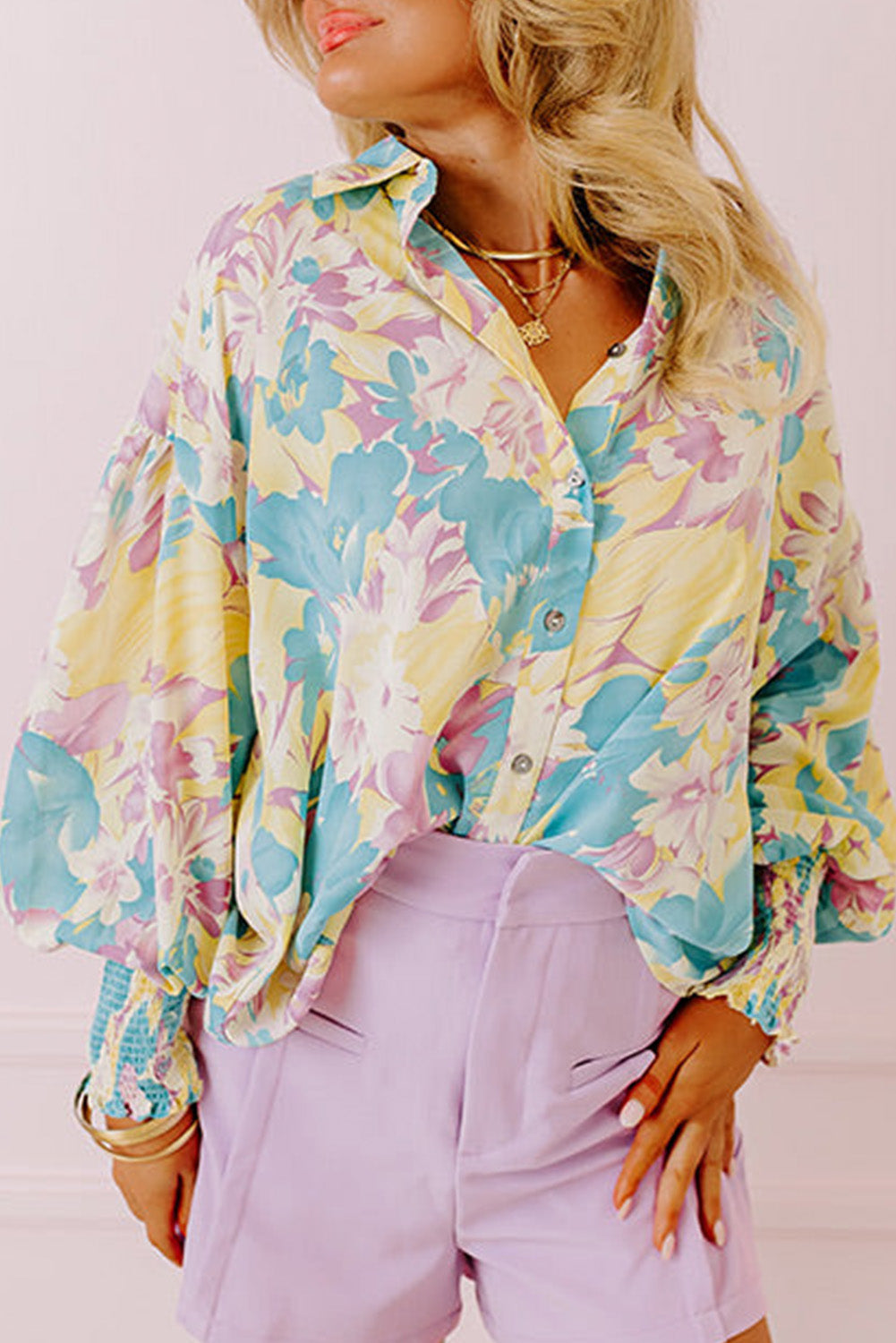 Yellow Floral Allover Print Shirred Cuff Oversized Shirt-Tops/Blouses & Shirts-[Adult]-[Female]-Yellow-S-2022 Online Blue Zone Planet