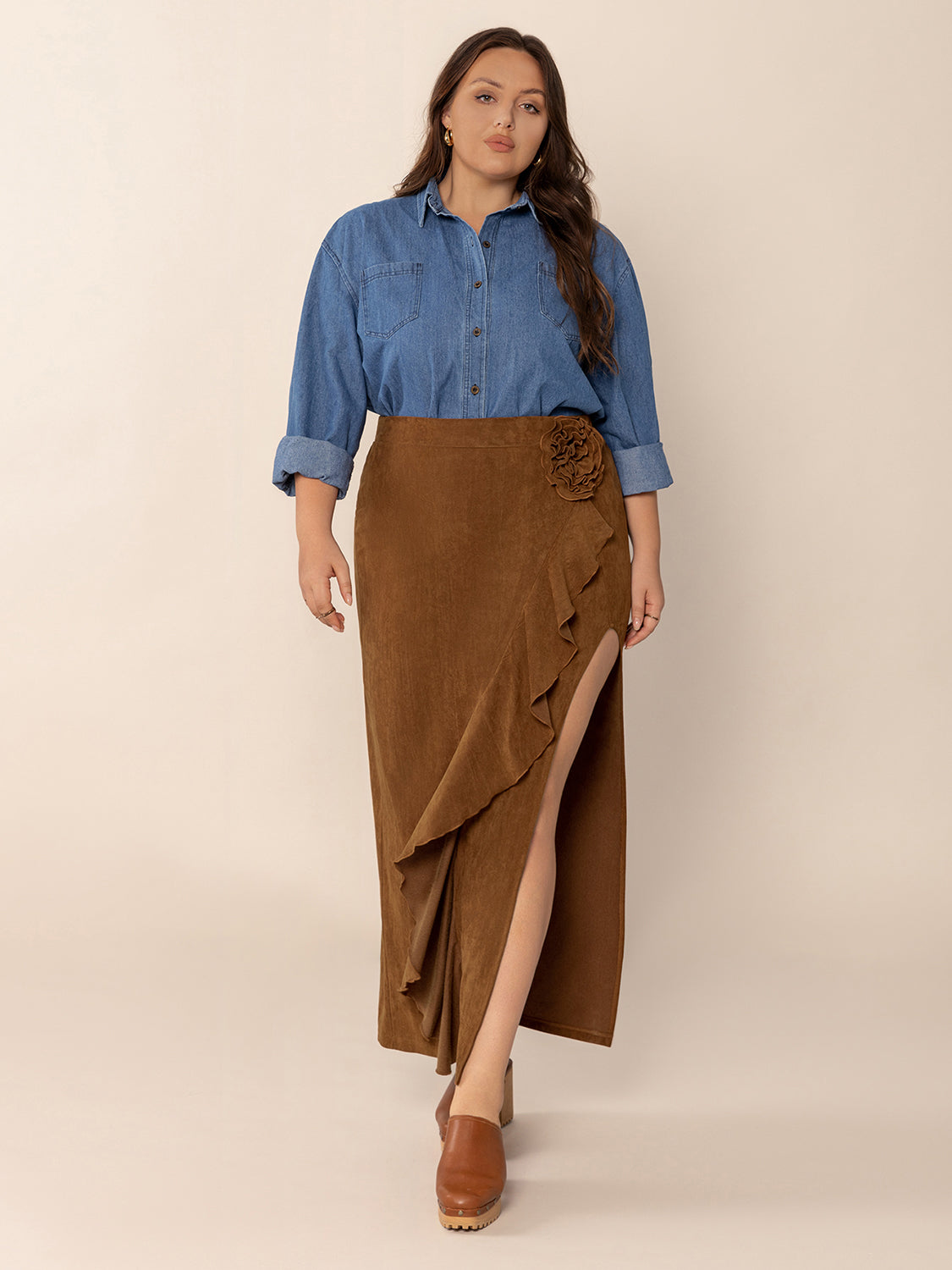 Plus Size Ruffled Slit High Rise Skirt-BOTTOM SIZES SMALL MEDIUM LARGE-[Adult]-[Female]-2022 Online Blue Zone Planet