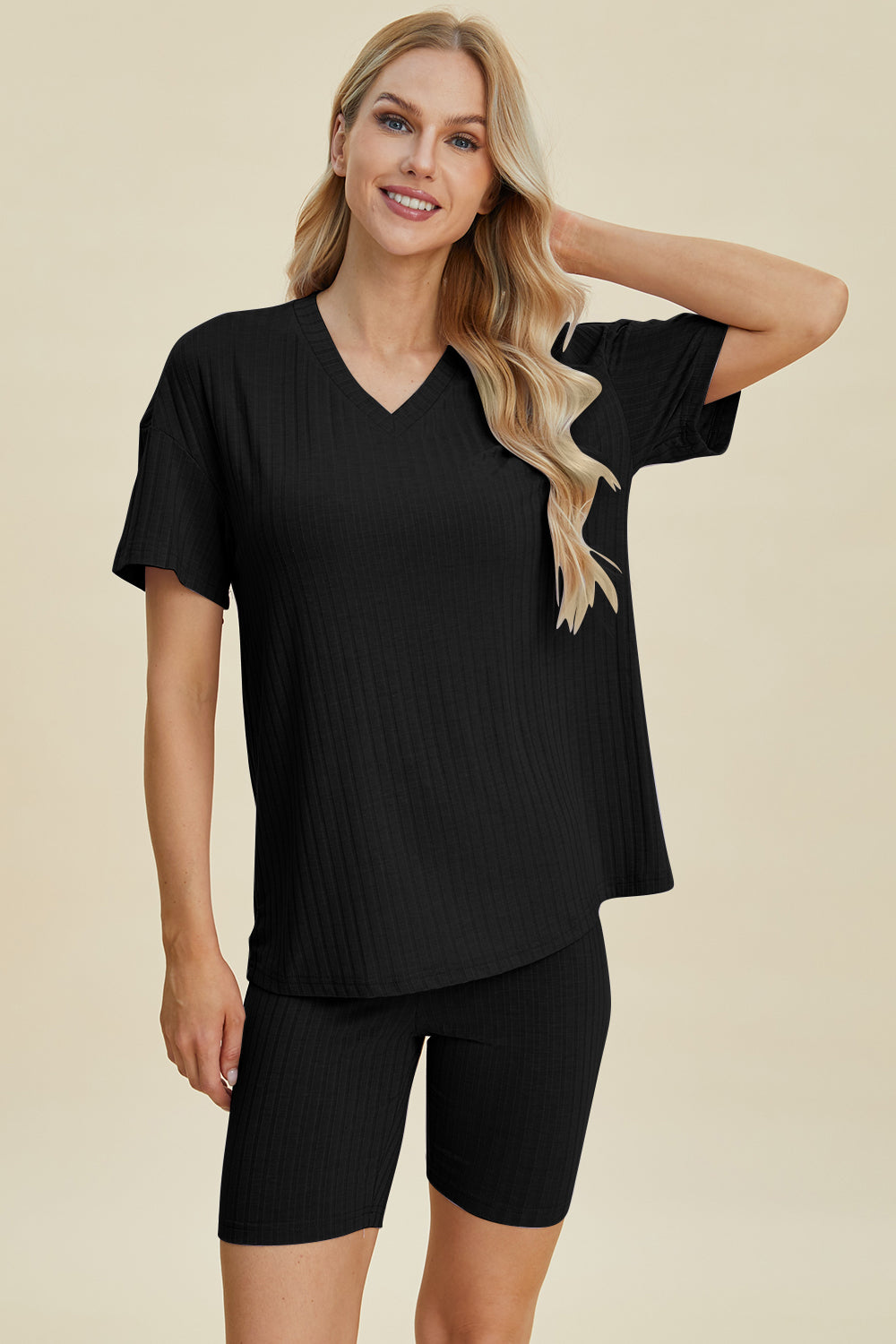 Basic Bae Full Size Ribbed V-Neck Short Sleeve Top and Shorts Set-TOPS / DRESSES-[Adult]-[Female]-Black-S-2022 Online Blue Zone Planet